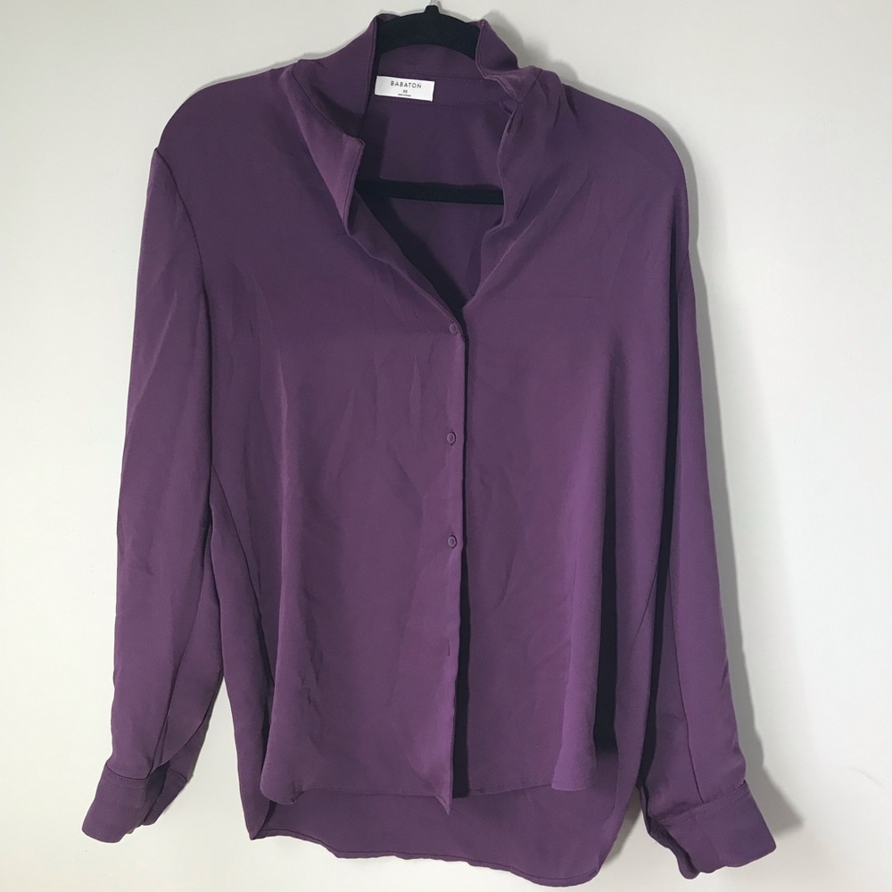 Babaton xs purple v collared neck long sleeve button down blouse